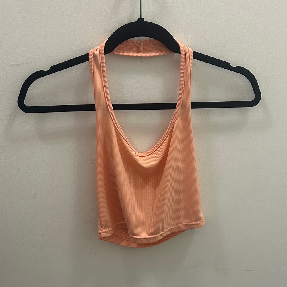 Peach Ribbed Halter Crop Top